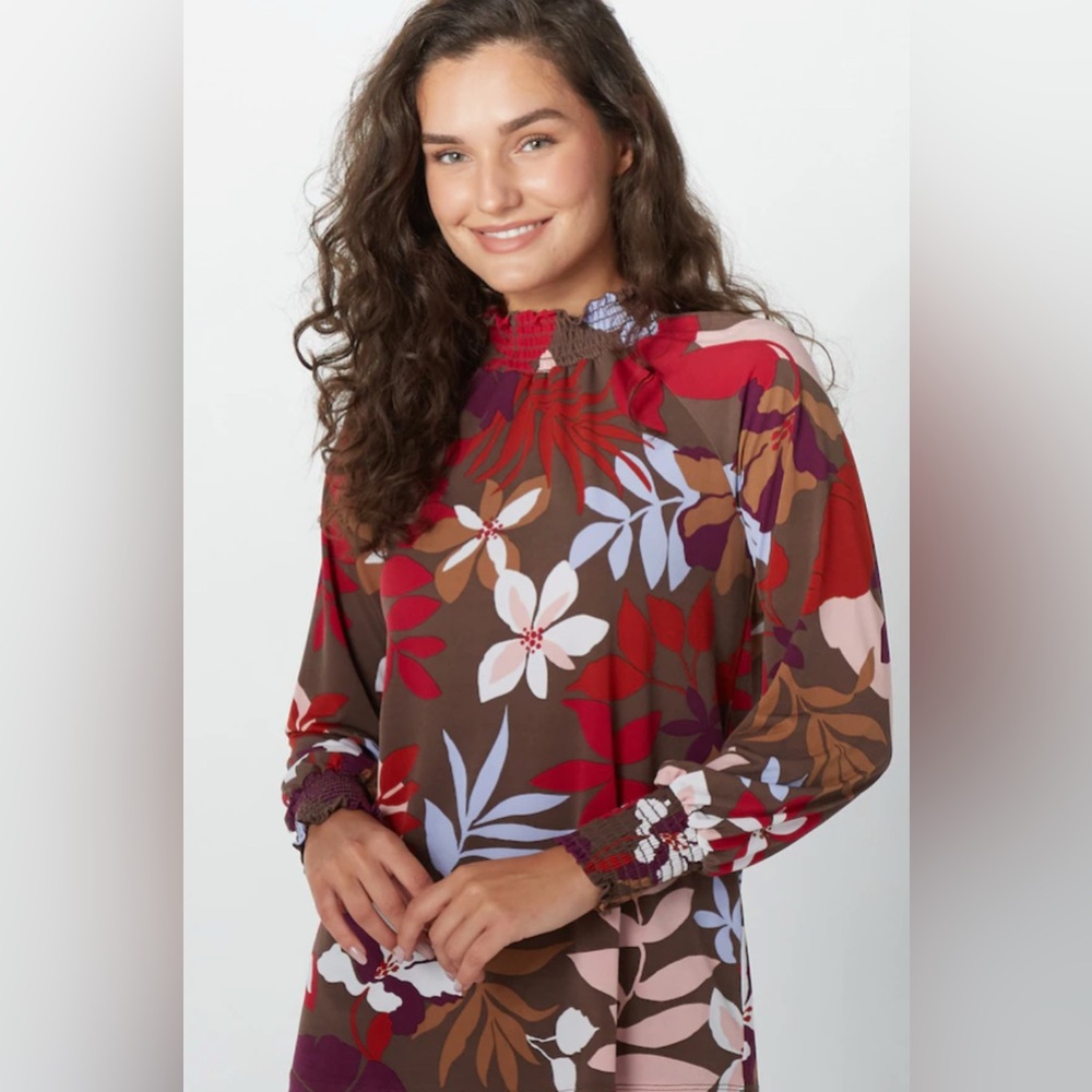 NWT Kim & Co Brazil Knit Smocked Blouson Sleeve Mock Neck Top
